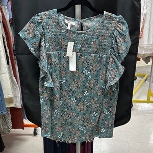 Maurices Blue Floral Ruffle Sleeve Blouse